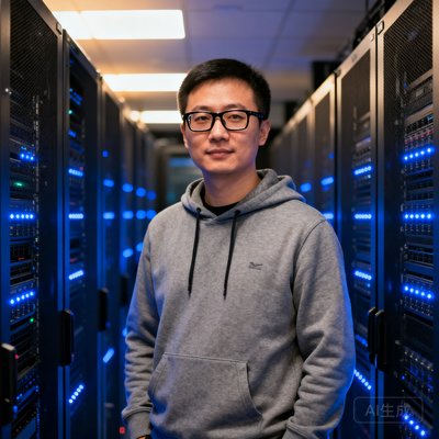 张磊，看球吧联合创始人兼CTO，戴着黑框眼镜穿着灰色连帽卫衣的男性工程师，身后是闪烁着蓝色指示灯的服务器机柜阵列