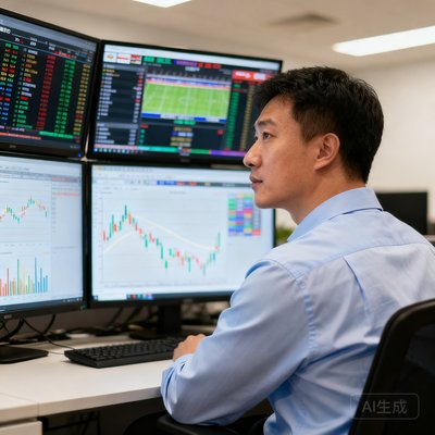 陈浩，看球吧数据总监，穿着浅蓝色衬衫的男性坐在办公室内，面前三台显示器同时展示着实时赛事数据和可视化图表