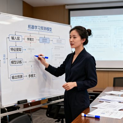 李雅文，看球吧AI算法负责人，女性工程师在会议室白板前用记号笔讲解机器学习预测模型的逻辑框架